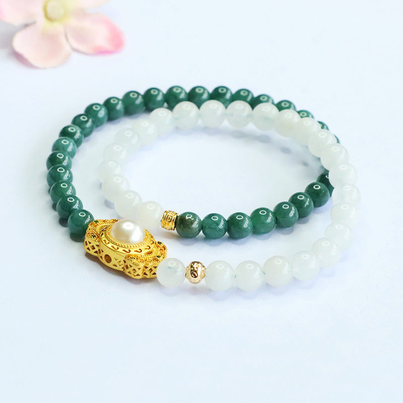 Blue Water Jadeite Jade and White Jadeite Double-Strand Bracelet with Pearl Centerpiece