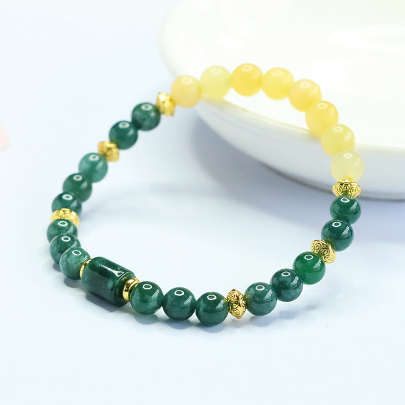 Blue Water Jadeite Jade and Yellow Jade Beaded Bracelet with Barrel Accent
