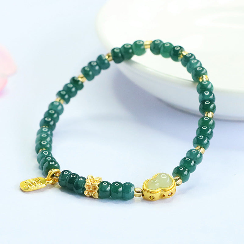 Blue Water Jadeite Jade Abacus Bead Bracelet with Gourd and "Fu" Wealth Charms