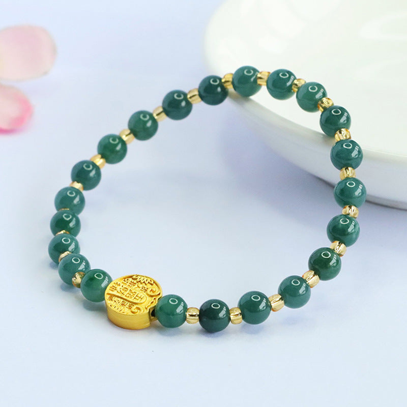 Blue Water Jadeite Jade Beaded Bracelet with God of Wealth Coin Accent