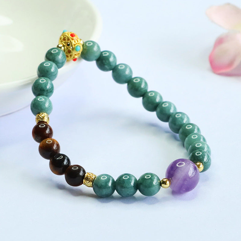 Blue Water Jadeite Jade, Amethyst, and Tiger's Eye Multi-Gemstone Beaded Bracelet
