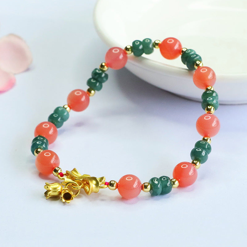 Blue Water Jadeite Jade and Agate Beaded Bracelet with Bow and Bell Charm