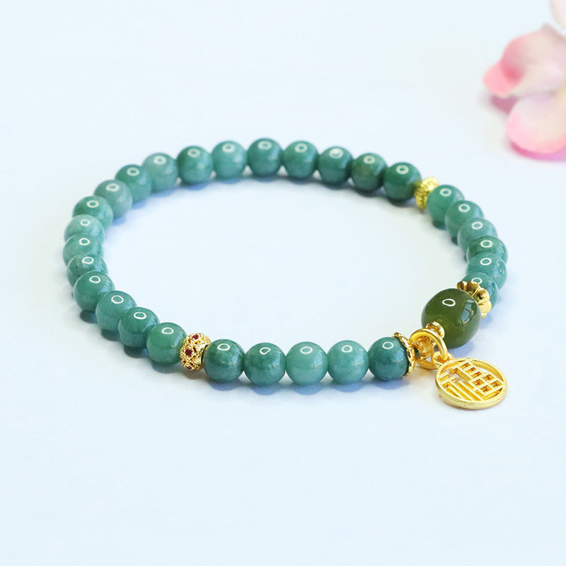 Blue Water Jadeite Jade and Nephrite Jade Beaded Bracelet with Fu Coin Pendant