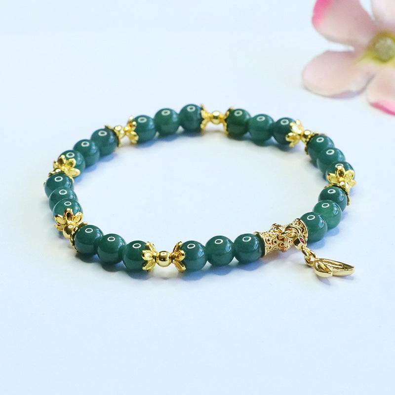Blue Water Jadeite Jade Bamboo Beaded Bracelet with Dangle Charm