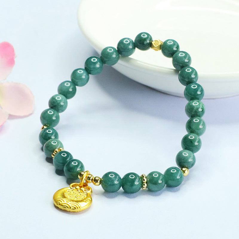 Blue Water Jadeite Jade Beaded Bracelet with Golden Money Bag Charm