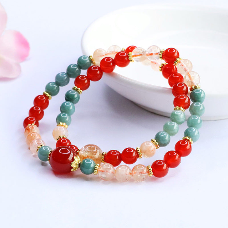 Red Agate, Yellow Phantom Quartz, and Jadeite Double-Strand Beaded Bracelet