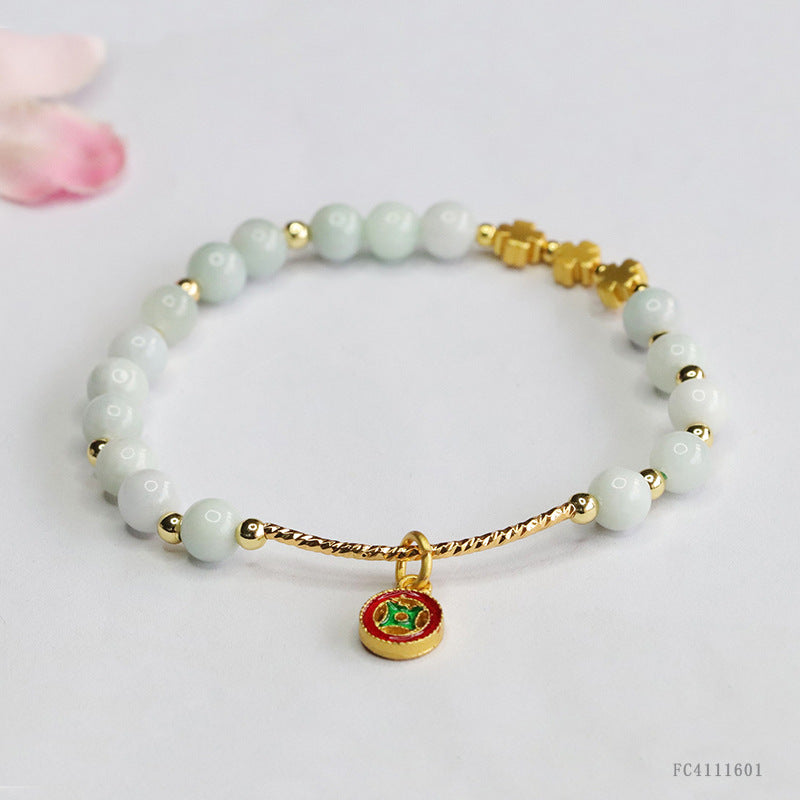 Burmese Grade A Jadeite Bracelet with Gold-Tone Tube & Enamel Charm