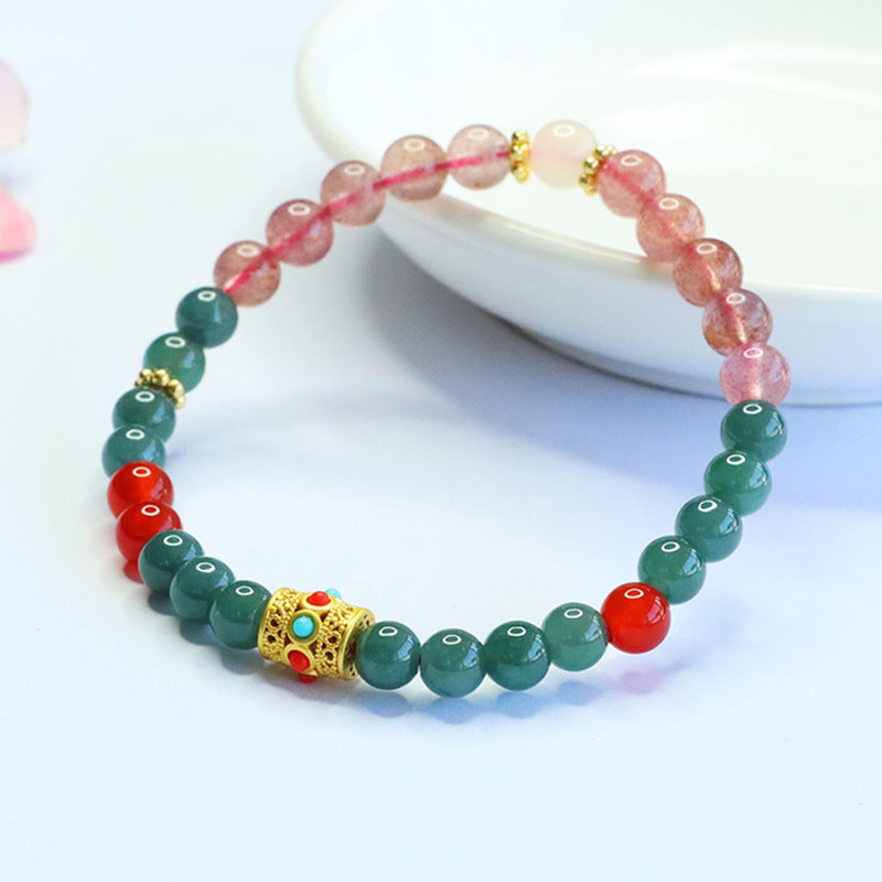 Blue Water Jadeite Jade and Strawberry Quartz Beaded Bracelet with Ornate Gold-Tone Tube Accent