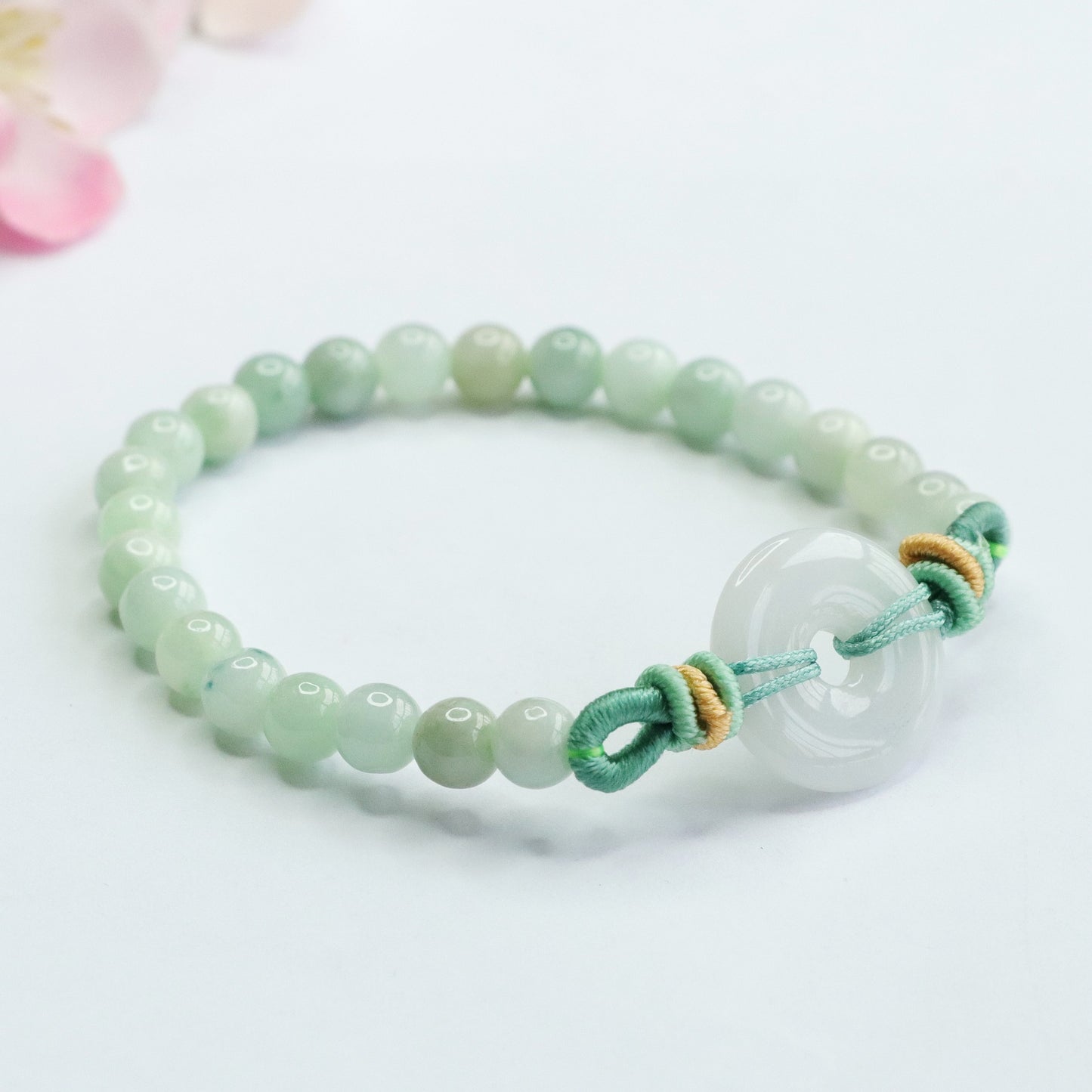 Blue Water Jadeite Jade Beaded Bracelet with Ping An Kou Centerpiece