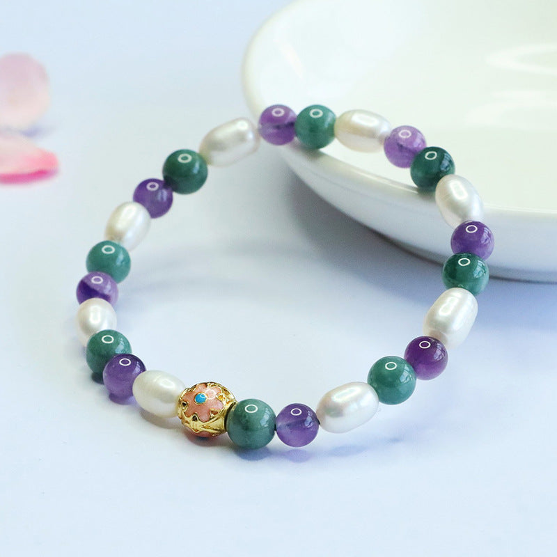 Jadeite Jade, Amethyst, and Freshwater Pearl Multi-Gemstone Bracelet