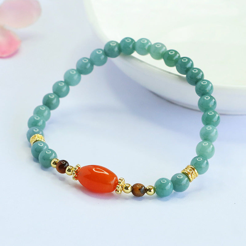 Blue Jadeite Jade Stretch Bracelet with Red Silk Agate & Tiger's Eye