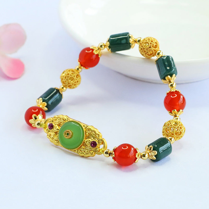 Blue Water Jadeite Jade Barrel Bead and Red Agate Ruyi Motif Bracelet