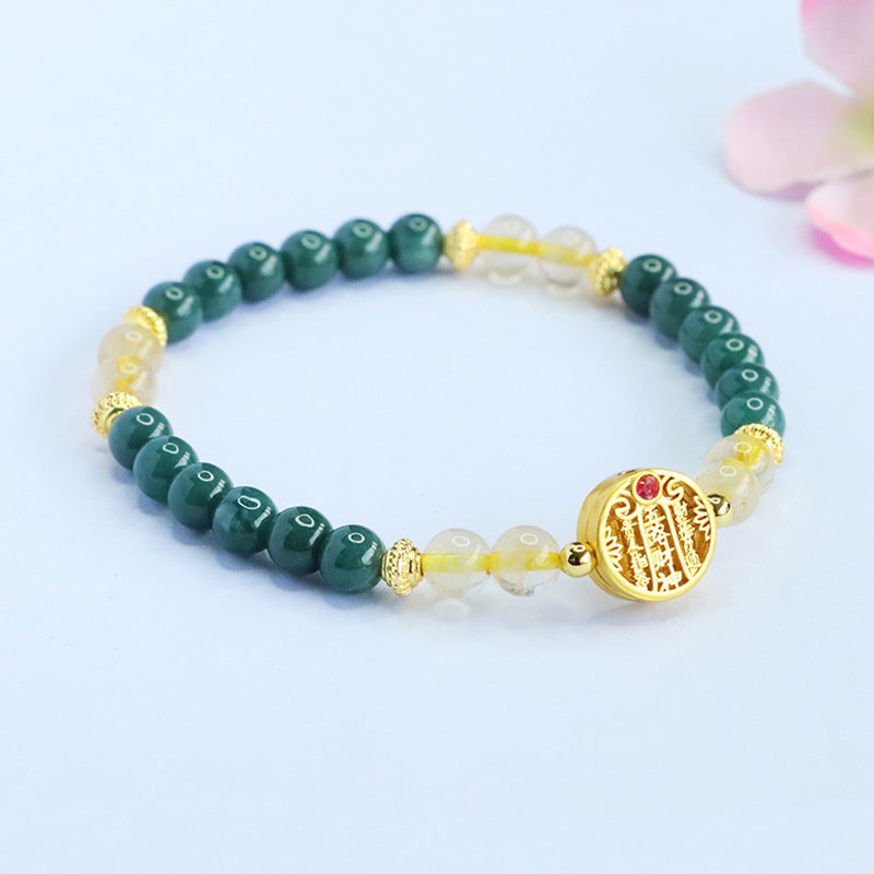 Blue Water Jadeite Jade and Rutilated Quartz Beaded Bracelet with Engraved Charm