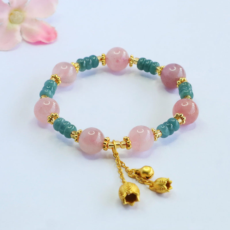 Blue Water Jadeite Jade and Rose Quartz Lily of the Valley Beaded Bracelet