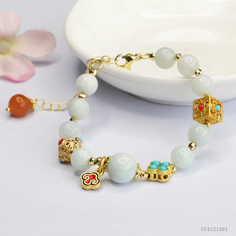 Burmese Grade A Jadeite Jade and Turquoise Accent Beaded Bracelet