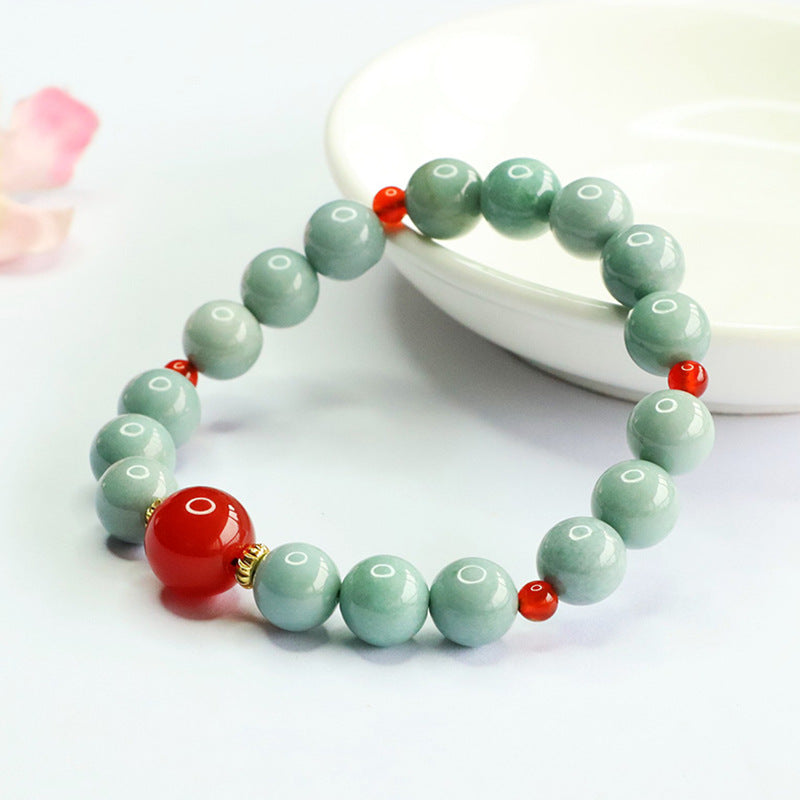 Blue Water Jadeite Jade and Red Agate Beaded Bracelet