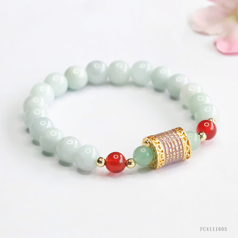 Burmese Grade A Jadeite Jade Beaded Bracelet with Scripture Tube Bead
