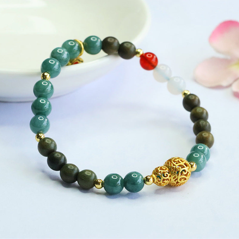 Blue Water Jadeite Jade, Green Sandalwood, Agate, and Chalcedony Beaded Bracelet