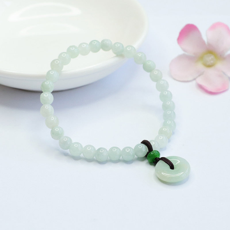 Grade A Pale Green Jadeite Jade Peace Buckle Cord-Tassel Beaded Bracelet