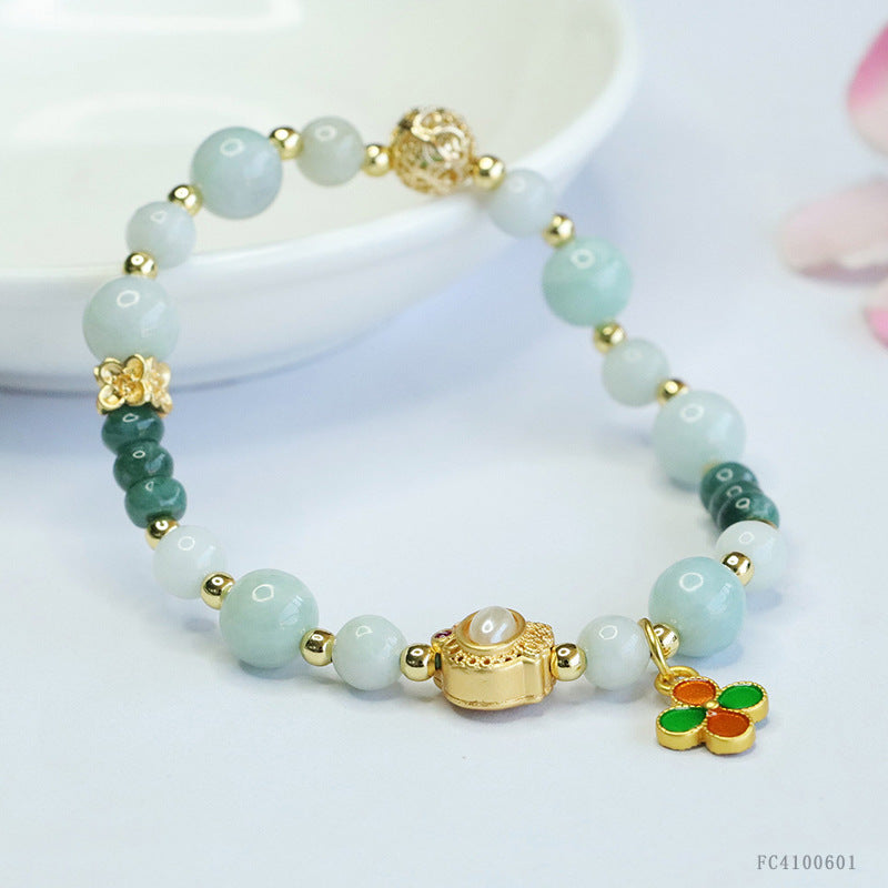Blue Water and Light Jadeite Jade Beaded Bracelet with Four-Leaf Clover Charm
