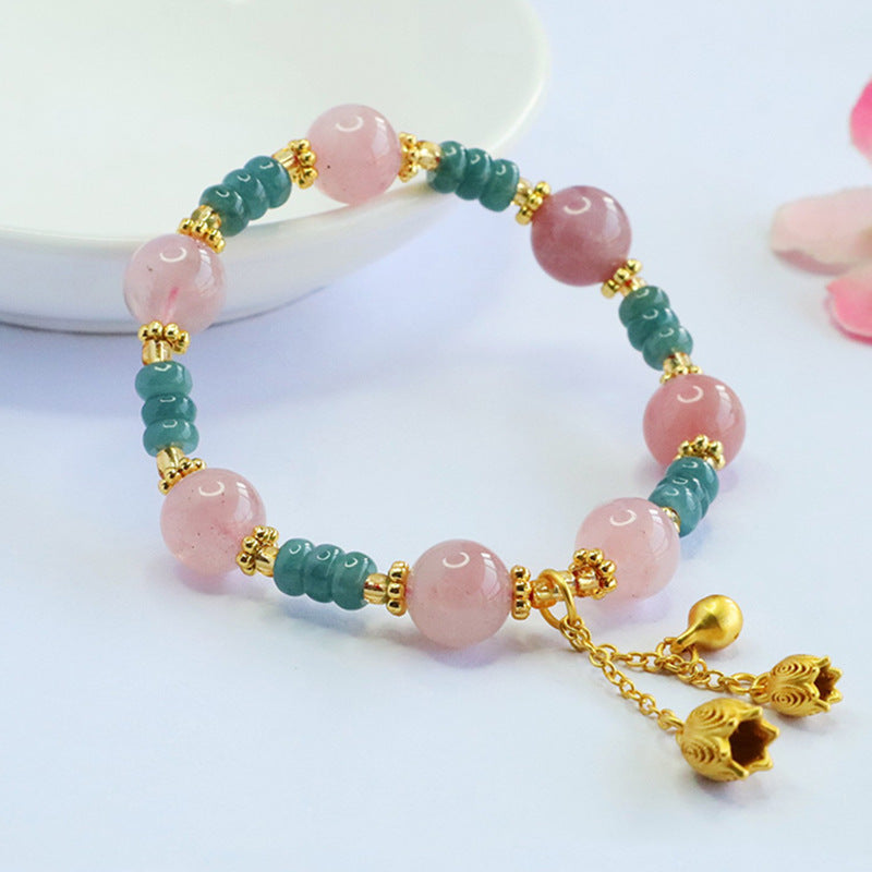 Blue Water Jadeite Jade and Rose Quartz Lily of the Valley Beaded Bracelet