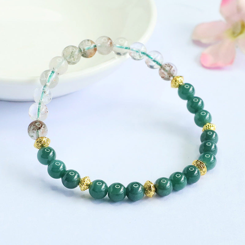 Blue Water Jadeite Jade and Green Phantom Quartz Beaded Bracelet