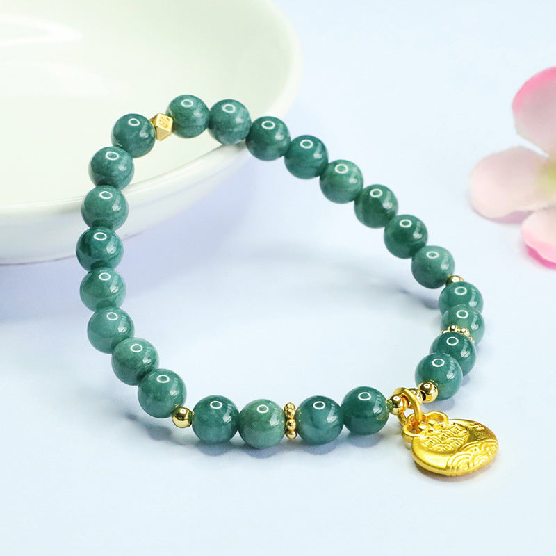 Blue Water Jadeite Jade Beaded Bracelet with Golden Money Bag Charm