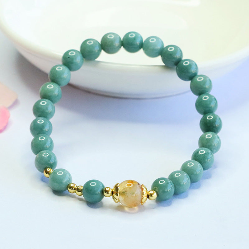 Blue Water Jadeite Jade Beaded Bracelet with Yellow Phantom Quartz Accent