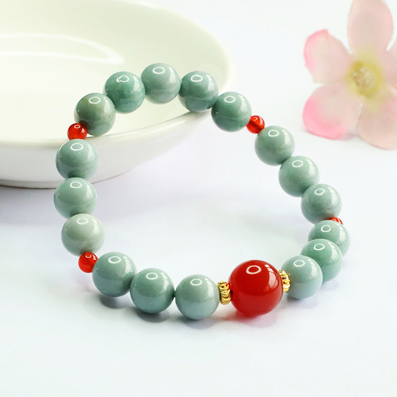 Blue Water Jadeite Jade and Red Agate Beaded Bracelet