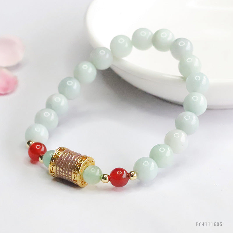 Burmese Grade A Jadeite Jade Beaded Bracelet with Scripture Tube Bead