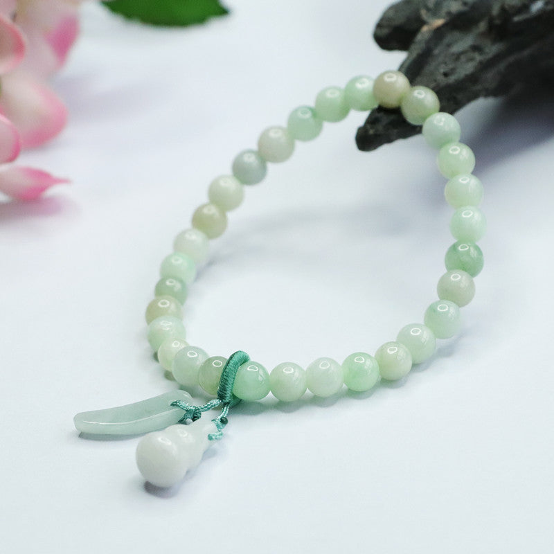 Jadeite Jade Gourd Beaded Stretch Bracelet with Charm