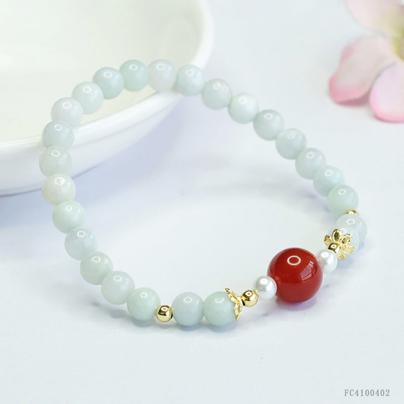 Burmese Grade A Jadeite Jade and Red Agate Beaded Bracelet with Pearl Accents