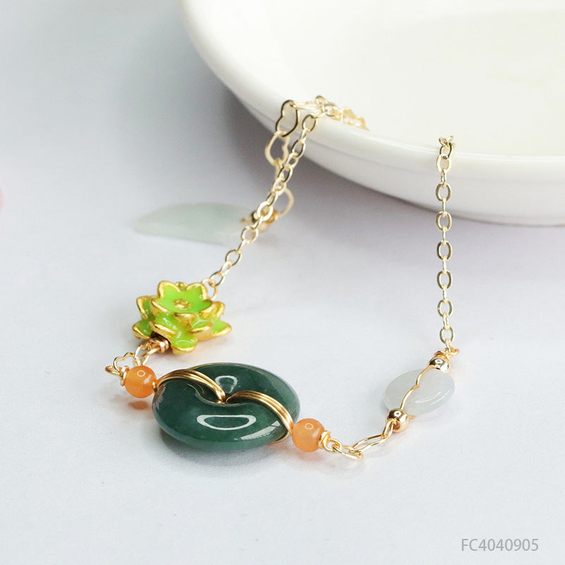 Blue Water Jadeite Ping An Kou and Enamel Lotus Flower Chain Bracelet