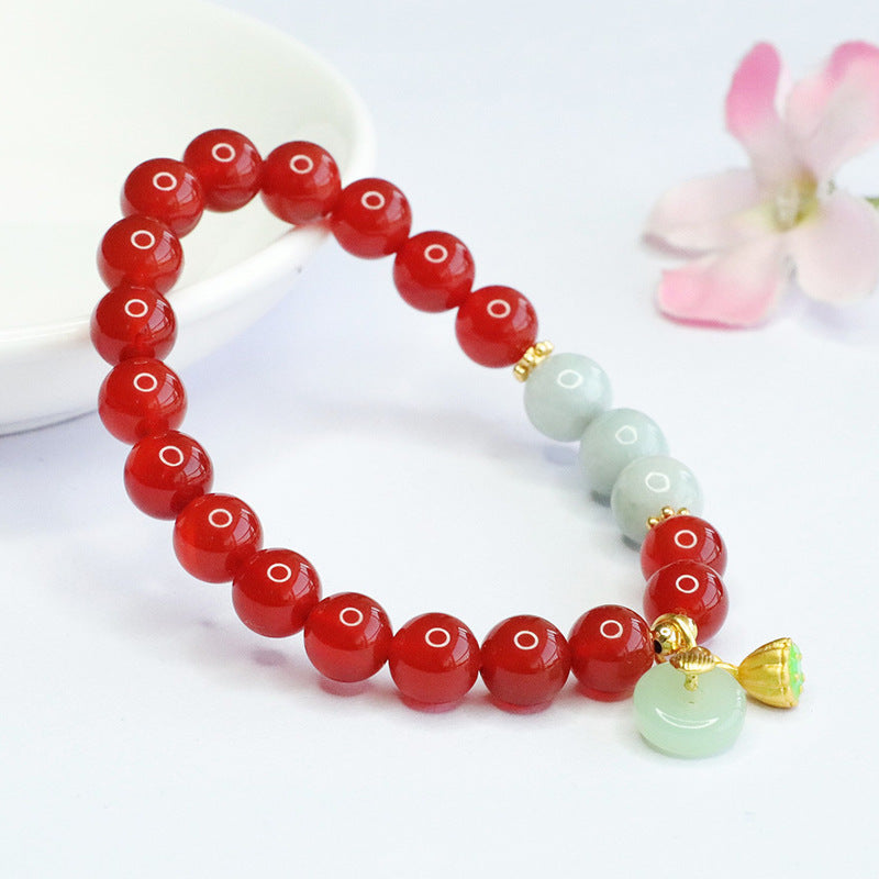 Red Agate and Jadeite Jade Beaded Bracelet with Dangle Charms