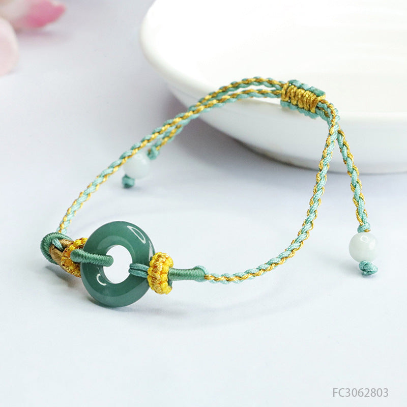 Blue Water Jadeite Peace Buckle Braided Cord Bracelet