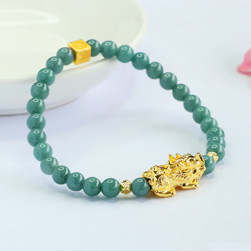 Blue Water Jadeite Jade Beaded Bracelet with Gold-Tone Pi Xiu Centerpiece