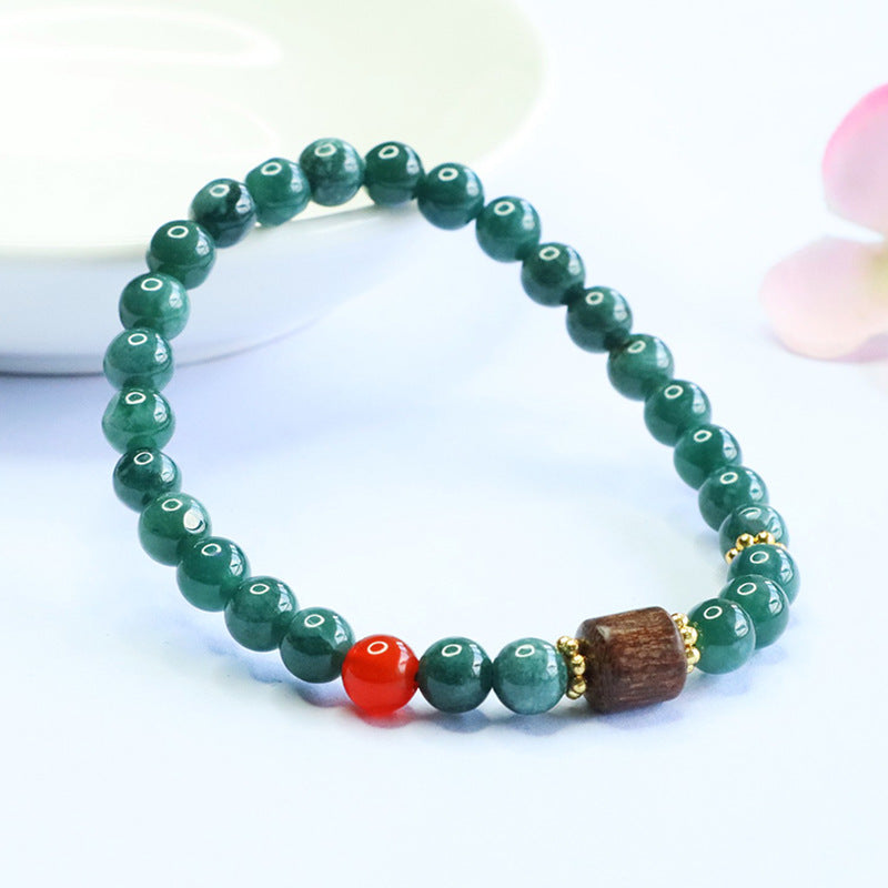 Blue Water Jadeite Jade and Agarwood Beaded Bracelet with Red Agate Accent