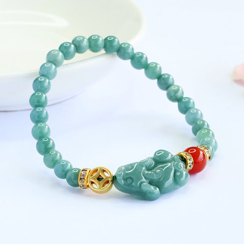 Blue Water Jadeite Jade Pi Xiu and Red Agate Beaded Bracelet