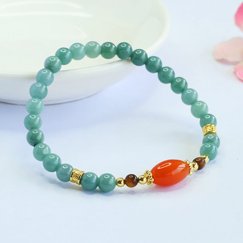 Blue Jadeite Jade Stretch Bracelet with Red Silk Agate & Tiger's Eye