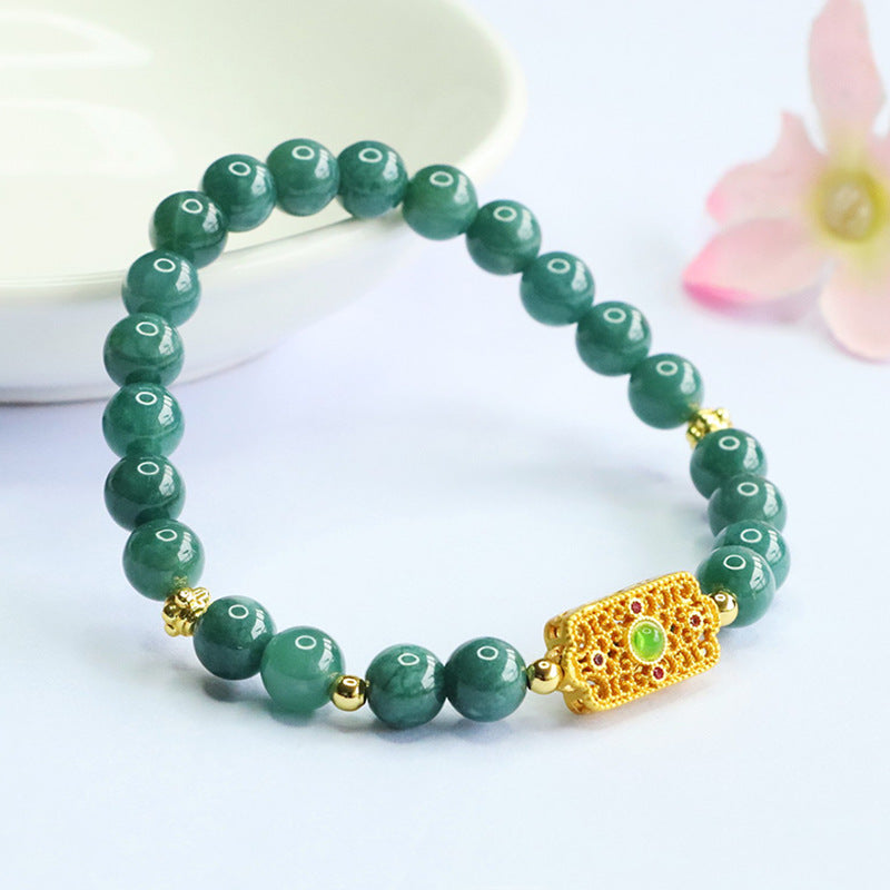 Blue Water Jadeite Jade Beaded Bracelet with Filigree Rectangular Charm
