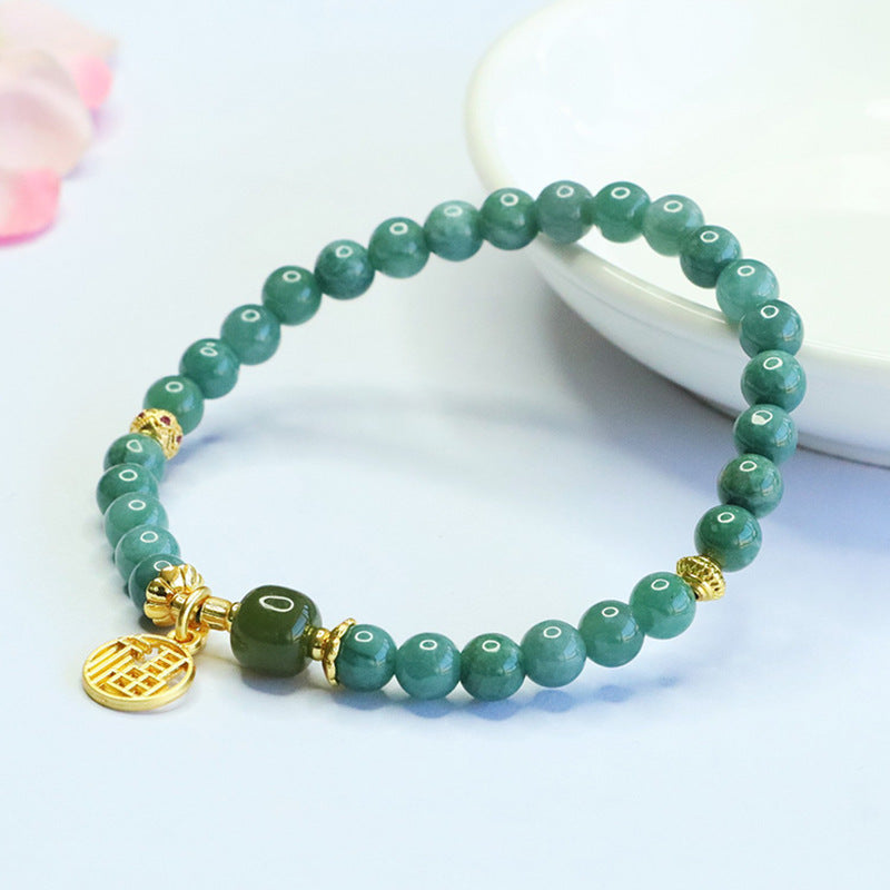 Blue Water Jadeite Jade and Nephrite Jade Beaded Bracelet with Fu Coin Pendant