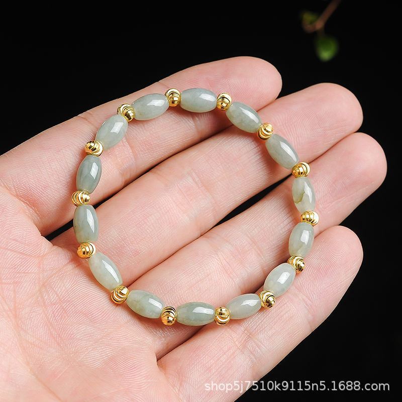 rade A Jadeite Jade Rice Bead and Ribbed Gold Spacer Bracelet
