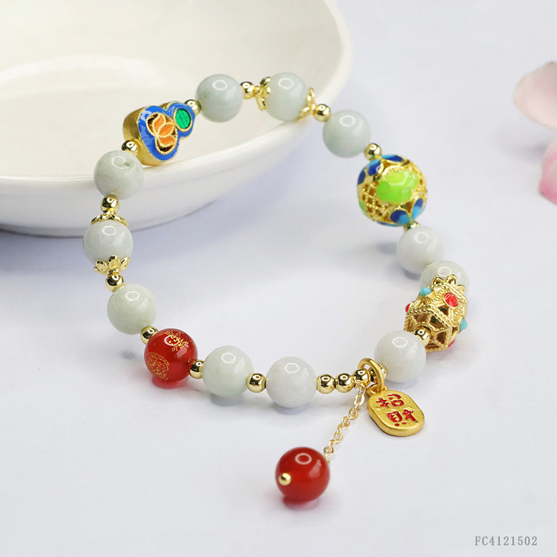 Burmese Grade A Jadeite Jade and Enamel Accent Beaded Bracelet