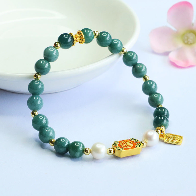 Blue Water Jadeite Jade and Pearl Beaded Bracelet with "Fu" Wealth Charm