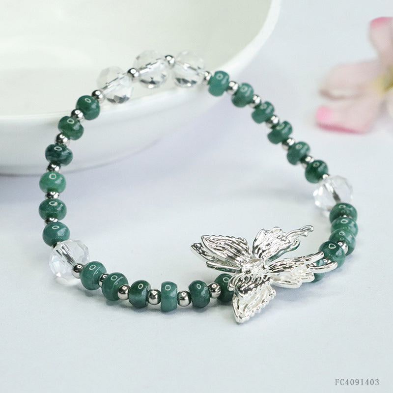 Blue Water Jadeite Abacus Bead and Silver Butterfly Beaded Bracelet
