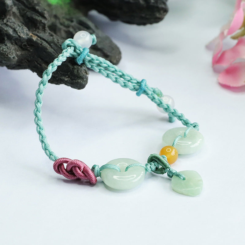 Burmese Grade A Jadeite Jade Safety Buckle and Leaf Braided Cord Bracelet