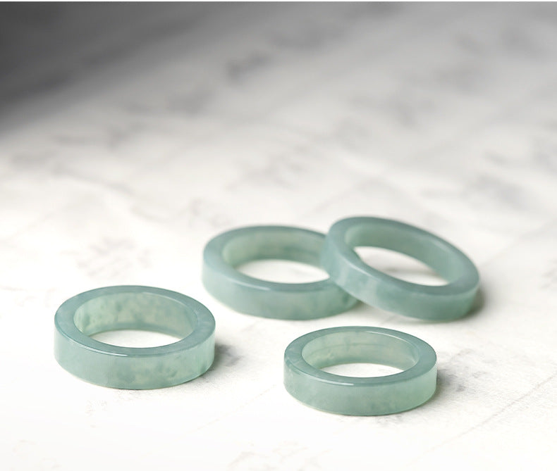 Grade A Old Mine Ice-Type Light Blue Water Jadeite Jade Solid Flat Band Ring