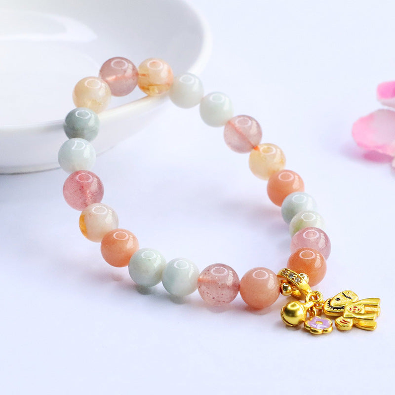 Burmese Grade A Jadeite and Strawberry Quartz Multi-Gemstone Beaded Bracelet with Horse Charm
