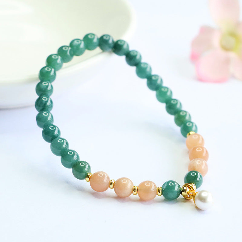 Blue Water Jadeite Jade and Orange Moonstone Beaded Bracelet with Pearl Dangle Charm