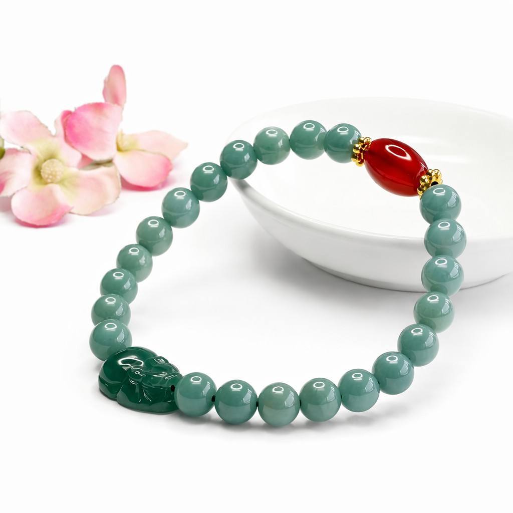 Blue Water Jadeite Jade and Red Agate Barrel Bead Pixiu Beaded Bracelet